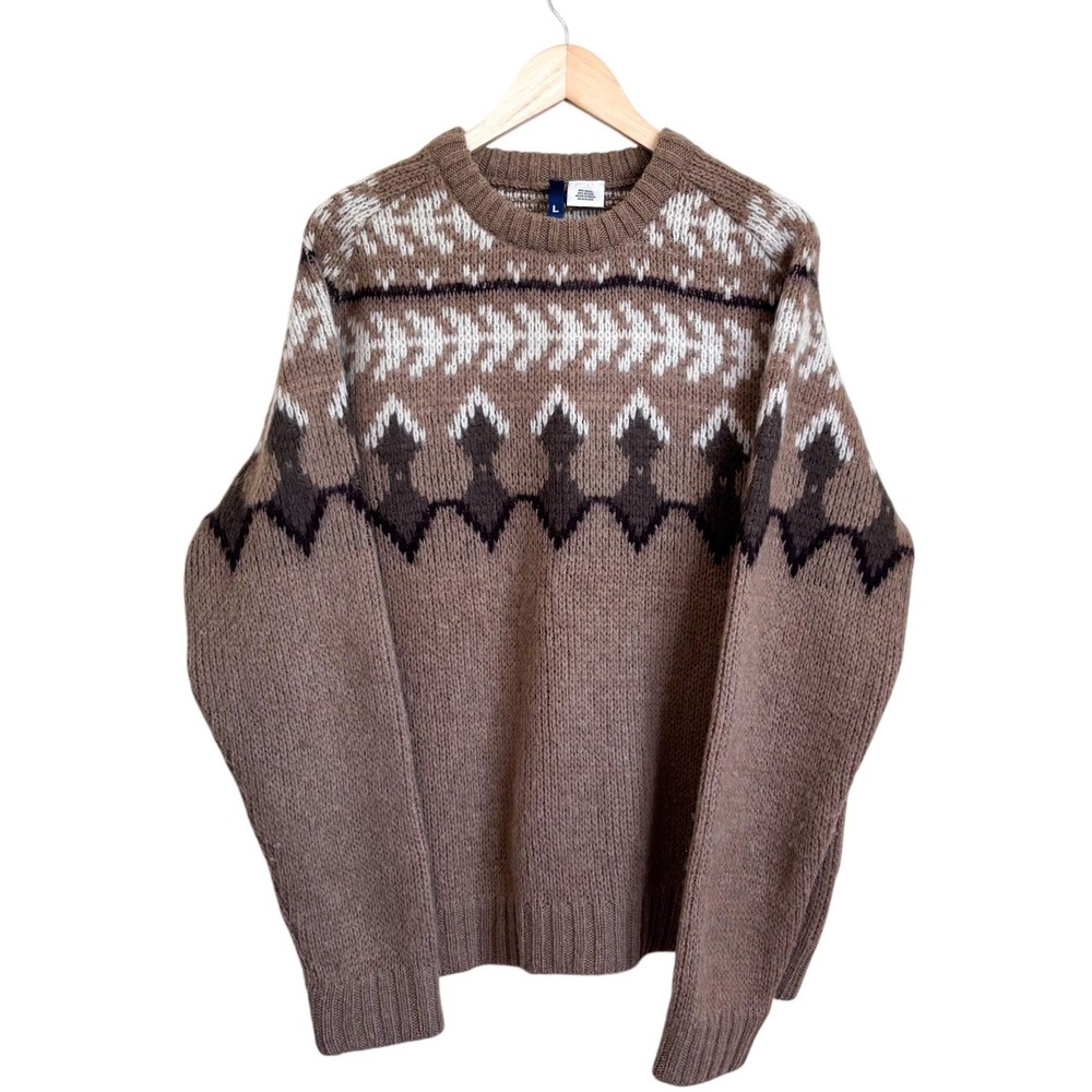 H&M Mens Fair Isle Chunky Knit Wool Sweater Large Brown Nordic Crewneck Classic